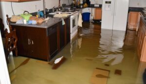 flood damage restoration team using industrial equipment to dry a flooded Covington LA home