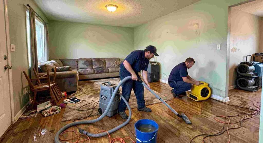 Emergency water restoration crew performing rapid water extraction in a flooded Mandeville LA home interior following a severe thunderstorm event