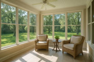 Mold growth on the ceiling and walls of a screened porch in a Mandeville LA home requiring professional mold remediation near me search response