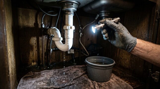 Certified technician inspecting a dark crawlspace with a flashlight
