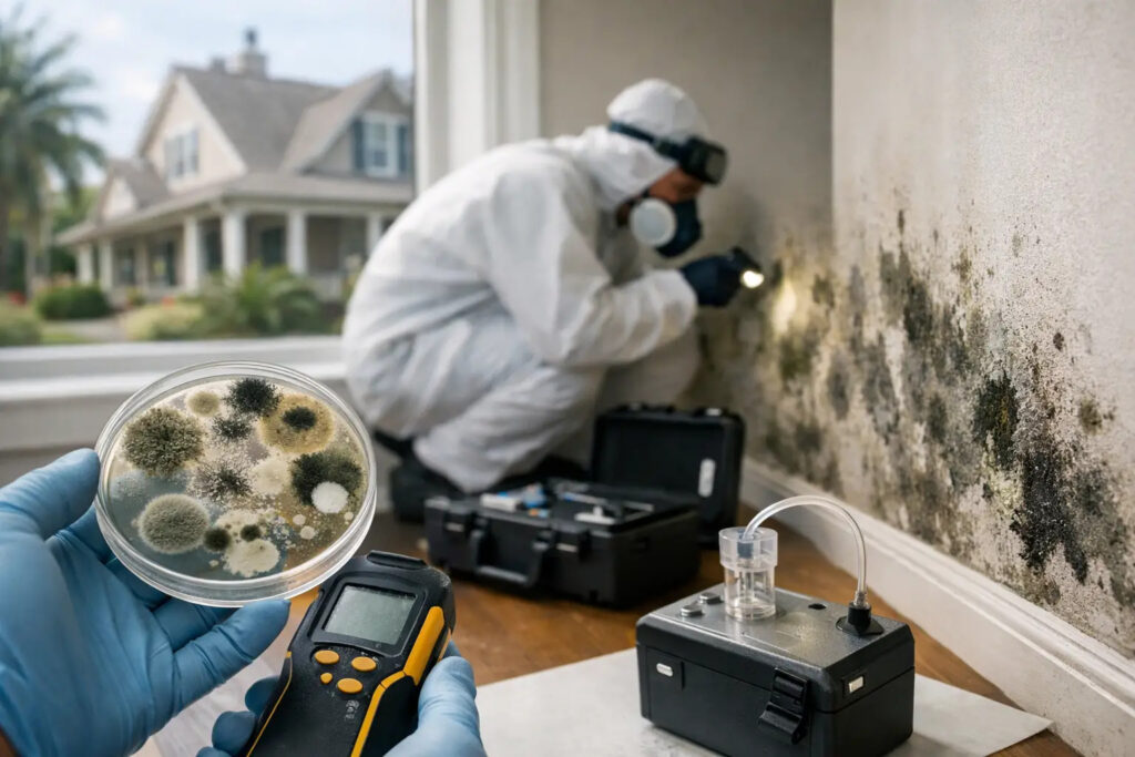 Mold growth discovered inside wall cavity of a recently purchased home in Slidell LA flood zone area requiring professional mold remediation near me response