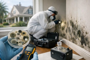 Mold growth discovered inside wall cavity of a recently purchased home in Slidell LA flood zone area requiring professional mold remediation near me response