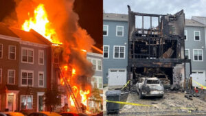 Fire damage restoration assessment on attached townhome units in a Slidell LA suburban development showing smoke and fire spread through shared attic space