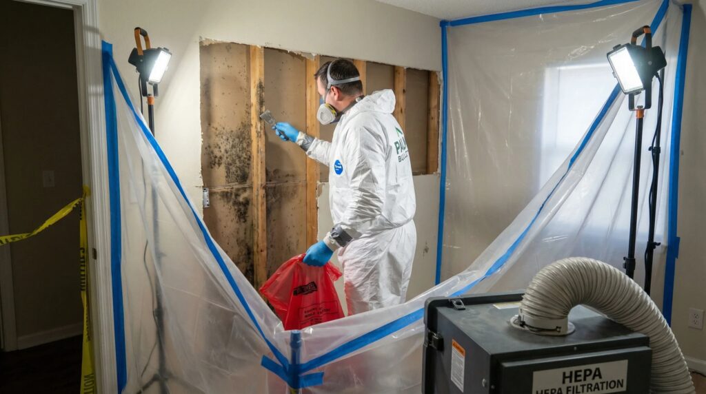 Professional mold remediation in a commercial office wall 
