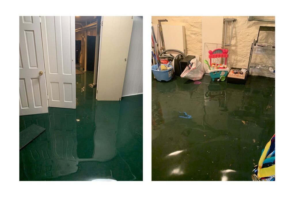 Flooded concrete floor inside a garage or commercial utility room