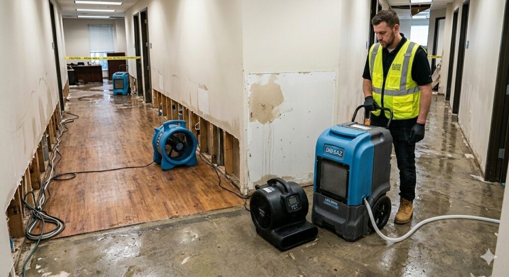 Industrial dehumidifiers installed during flood clean up in a Covington property