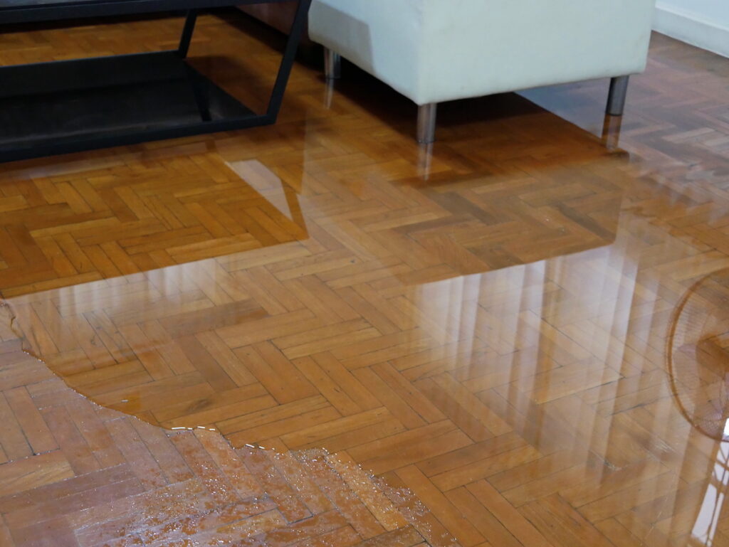 Winter flood water on wood floor. Prevent Water damage in winter