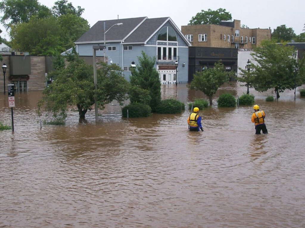 emergency workers in flood on South Avenue in Cranford in September 2021.