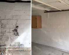 PuroClean Cranford Water Mitigation Restoration job on a damaged garage wall cinder