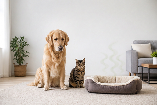 Golden retriever and tabby cat sit by a pet bed, with wavy "pet smell" lines