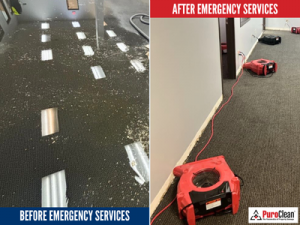 Before and after photos of commercial water damage restoration showing drying equipment in place to reduce business interruption and restore operations efficiently
