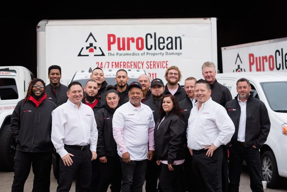 PuroClean of Park Cities/North Dallas biohazard cleanup team standing in front of branded emergency service vehicles, ready to respond 24/7.