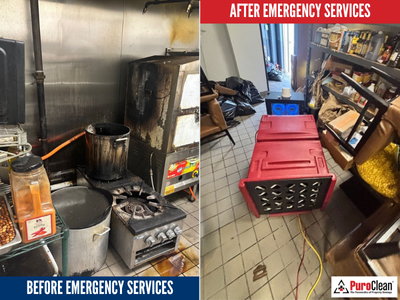 Before and after image of commercial kitchen fire damage restoration by PuroClean of Park Cities/North Dallas, showing soot cleanup and equipment drying in progress.