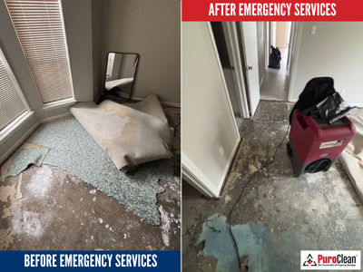 Before-and-after images showing severe residential water damage in a Park Cities home and the emergency flood damage recovery process by PuroClean.