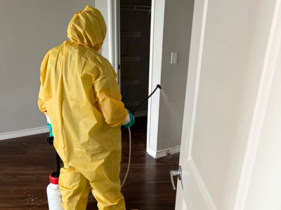 PuroClean technician in full yellow hazmat suit disinfecting a hallway in North Dallas after a biohazard incident.