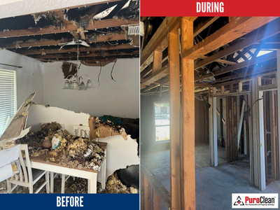 Before and during fire damage restoration of a residential home in Park Cities, showing ceiling collapse and cleanup by PuroClean of Park Cities/North Dallas.