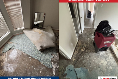 Before-and-after images showing severe residential water damage in a Park Cities home and the emergency flood damage recovery process by PuroClean.