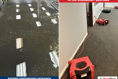 Before and after photos of commercial water damage restoration showing drying equipment in place to reduce business interruption and restore operations efficiently