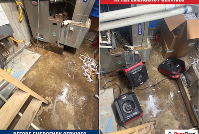 Commercial water damage restoration in Park Cities/North Dallas, showing professional emergency services before and after cleanup to protect the property and prevent further damage.
