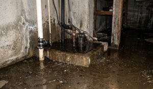 Overflowing sump pump causing basement flooding in Quad Cities.