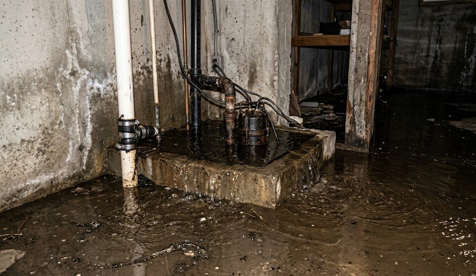 Overflowing sump pump causing basement flooding in Quad Cities.