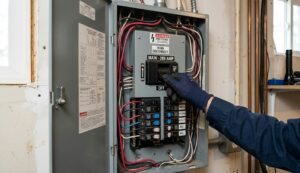 What to Do After Water Damage in Davenport : A person's hand safely switching off the main breaker switch in a residential or commercial electrical panel