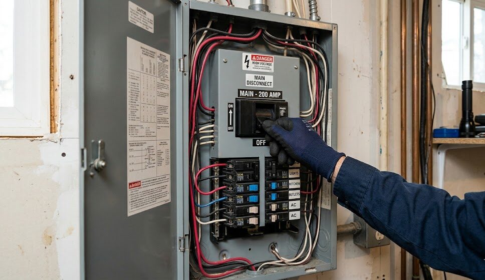 What to Do After Water Damage in Davenport : A person's hand safely switching off the main breaker switch in a residential or commercial electrical panel
