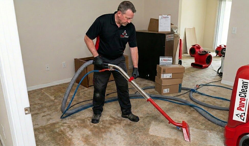 PuroClean technician performing emergency water extraction in a Davenport property