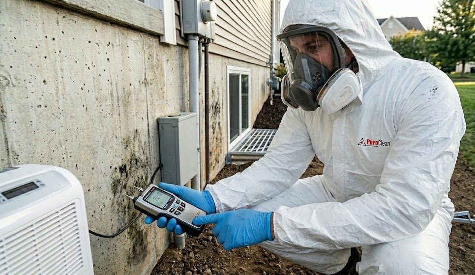 Certified technician inspecting basement mold after flooding.
