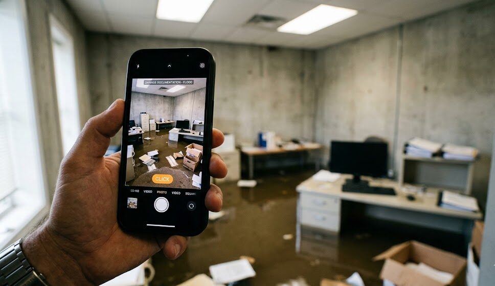 Business owner taking photos of a flooded floor to document water damage for an insurance claim