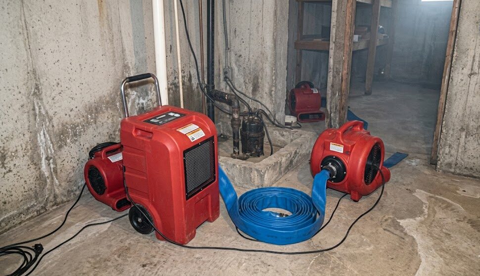 Professional structural drying equipment setup after a flooded basement cleanup in Davenport.