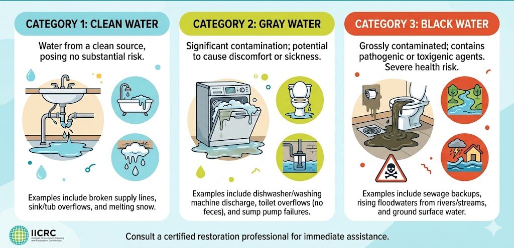 IICRC water damage categories 1 2 and 3 classification infographic for homeowners