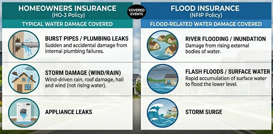 Infographic comparing water damage coverage for homeowners insurance versus flood insurance policies.