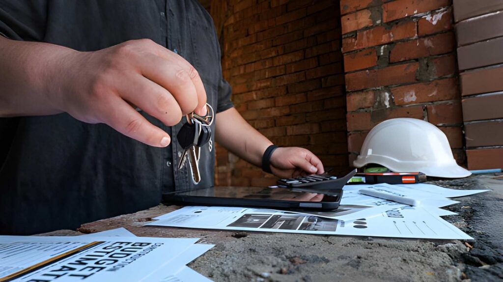 Contractor holds keys, calculates budget on a tablet with a hard hat nearby. TITLE:
