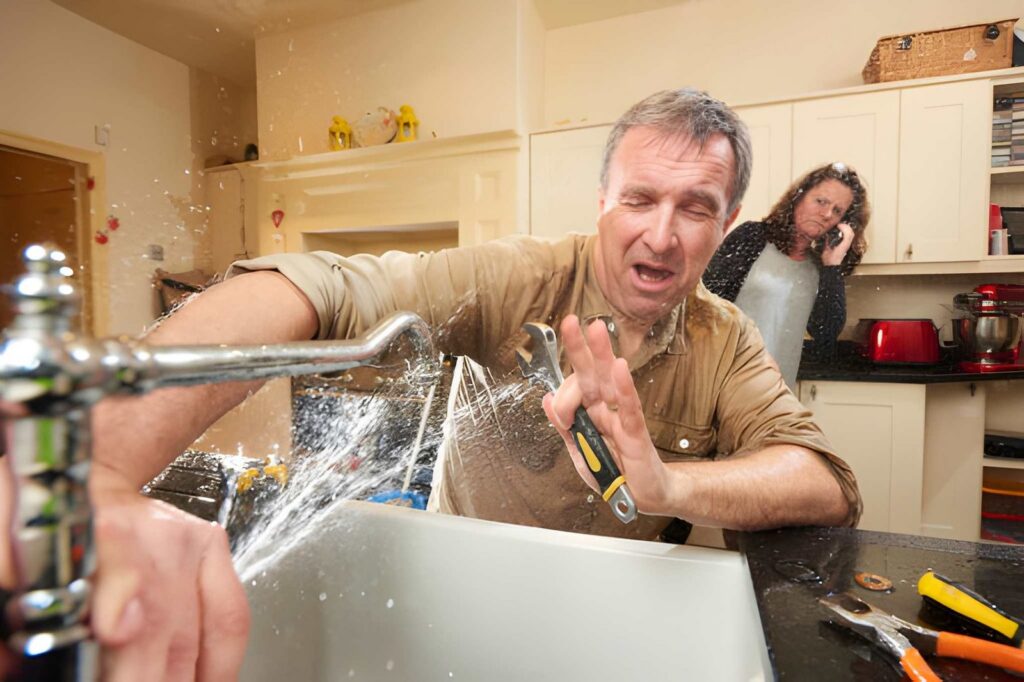 A man is drenched by a burst kitchen faucet while an exasperated woman calls for help. 24/7 emergency water damage restoration Davenport