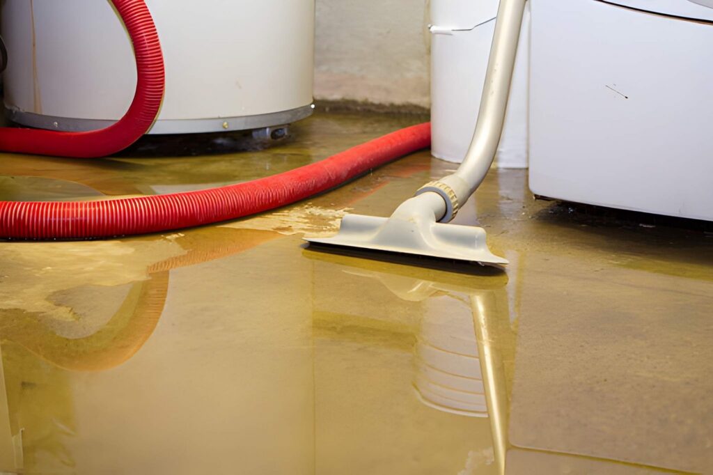 A wet/dry vacuum attachment and red hose remove murky floodwater from a utility room. 24/7 emergency water damage restoration Davenport