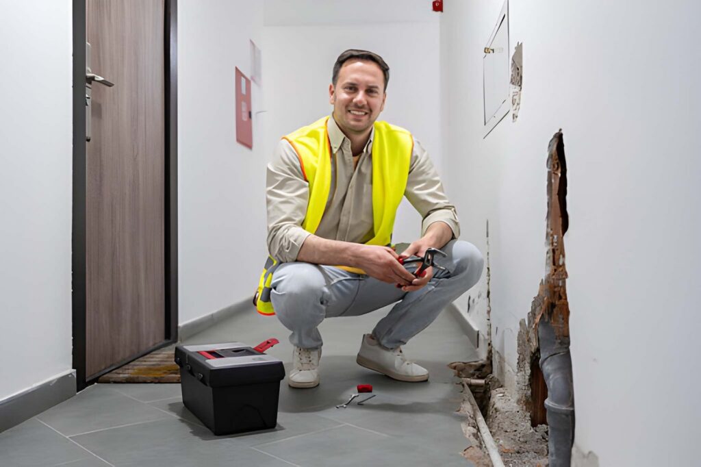 Maintenance worker in a yellow vest smiles while squatting beside a wall with exposed plumbing