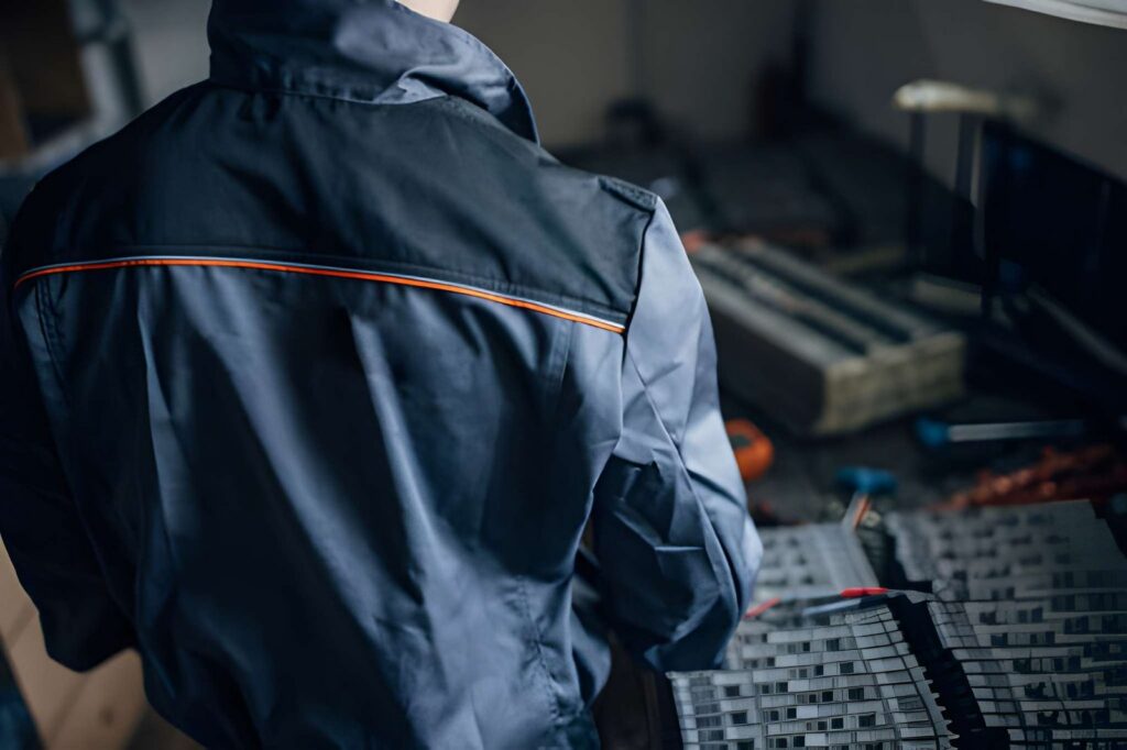A worker in a dark blue and grey uniform jacket with orange stripes stands in a blurred