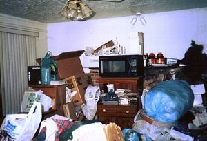 A room overwhelmed with clutter, including cardboard boxes, plastic bags, and a microwave. top hoarding cleanup in Davenport