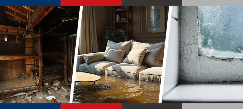 Property damage collage: a messy room, flooded living room