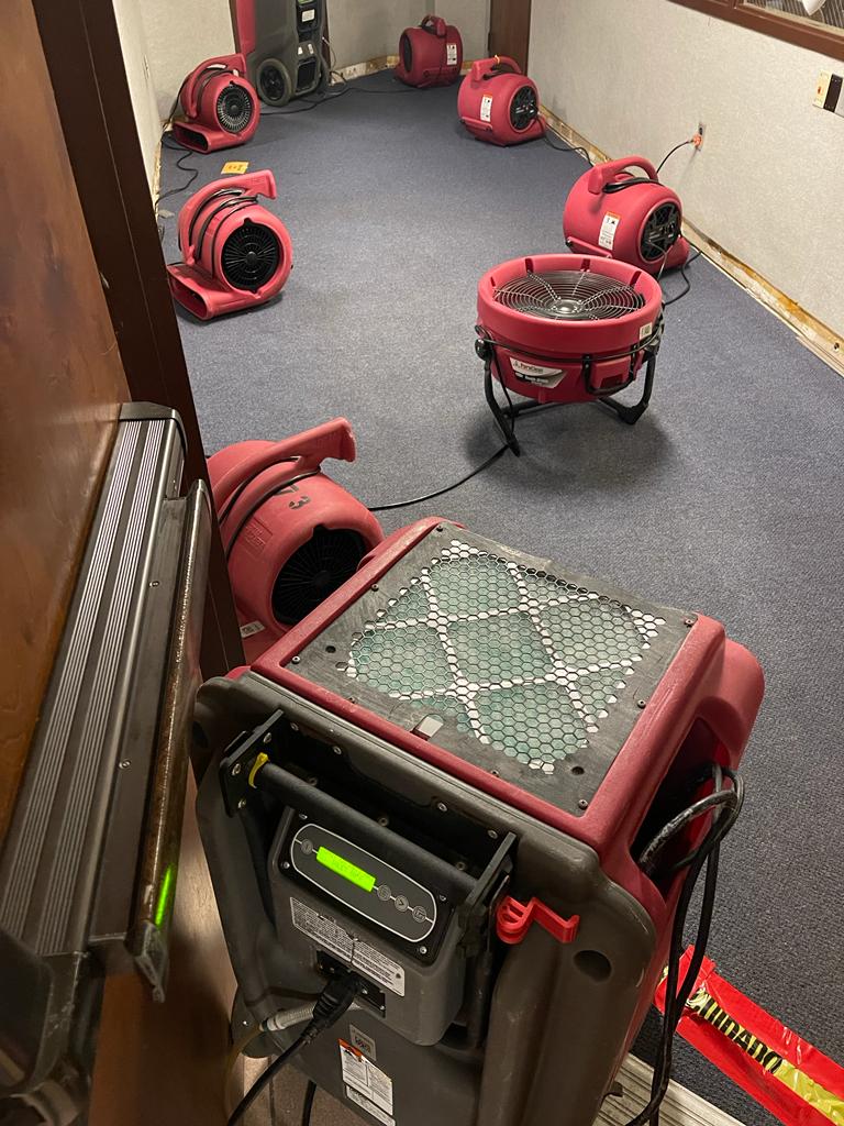 Air movers and dehumidifiers help the drying process.