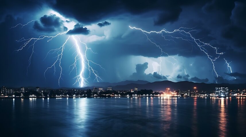 Lightening strikes over a city.