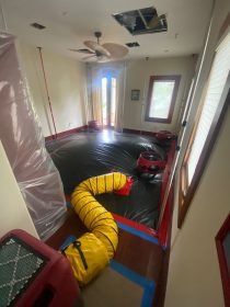 A home under water damage restoration after flooding