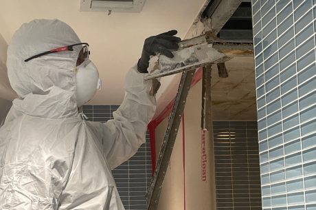 Technician inspecting bathroom ceiling mold.