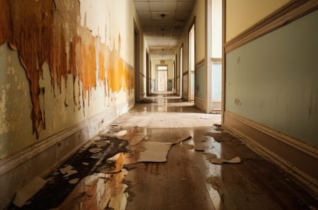 A hallway with flood damage.