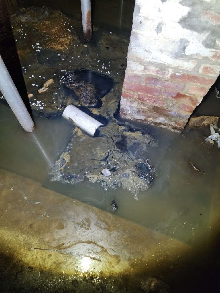A dark, flooded basement shows dirty water, submerged pipes, and floating debris. TITLE:
