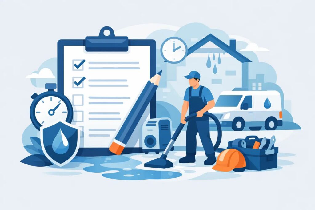 A water damage restoration worker cleans a flooded floor with equipment, a checklist, and a