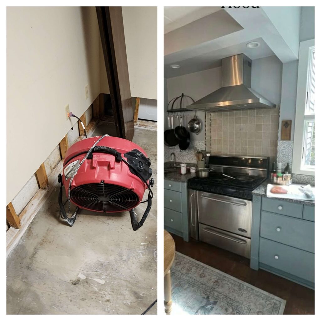 A red fan dries a water-damaged room, contrasted with a modern kitchen renovation.