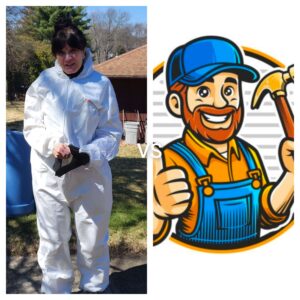 Woman in a white protective suit faces off against a cartoon handyman with a hammer.