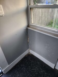Severe peeling gray paint and dirt cover a room corner with a window and black floor. TITLE